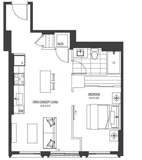 Floor plan for 1 bed, 1 bath, 625 sqft
